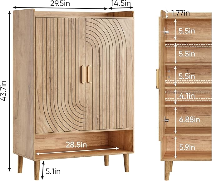 Shoe Cabinet with Doors, 6-Tier Shoe Storage Cabinet with Adjustable Shelves,Freestanding Shoes Rack Shoe Storage Organizer for Entryway, Hallway, Closet (Natural)