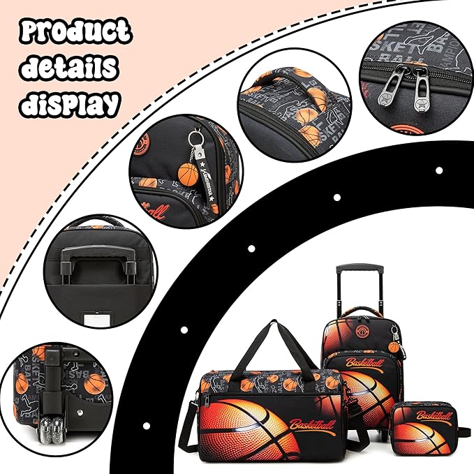 Kids Basketball Luggage with Wheels Suitcases Travel Softside Suitcases 16" Carry on Suitcase with Duffle Bag Luggage Sets Airline Approved