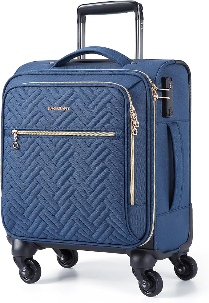 BAGSMART Underseat Carry On luggage Airline Approved, 16-inch Small Softside Underseater Travel Suitcase with Spinner Wheels Overnight Bag Small Rolling Carry-on for Women Men Weekender, Navy Blue