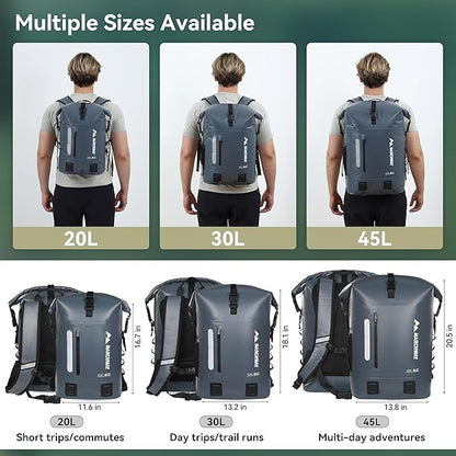 MARCHWAY Roll Top Waterproof Backpack, Floating Dry Bag 20L/30L/45L with Ergonomic Rectangular Base, Cushioned Back, Hip Strap for Hiking Camping Kayaking Travel (Grey, 30L)