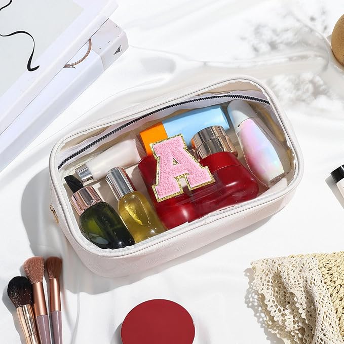 YOOLIFE Initial Makeup Bag Travel Toiletry Bag Clear Makeup Bag Preppy Cosmetic Bag Gifts for Girls Kids Graduation Gifts Birthday Gifts for Girls Kids Birthday Gifts Swim Gifts White L