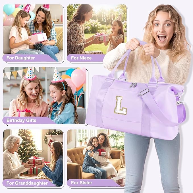 Dance Gym Duffel Bag for Teen Girls, Personalized Initial Travel Weekender Bag,Cute Overnight Carry On Duffle for Women,Sports Travel Cheer Bag,Monogram Christmas Gifts for Tween Preppy(purple-L)