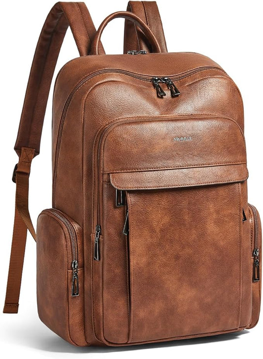 Shrrie Leather Laptop Backpack for Women with 17 inch Vegan Leather Computer Backpack Purse for Travel College Work