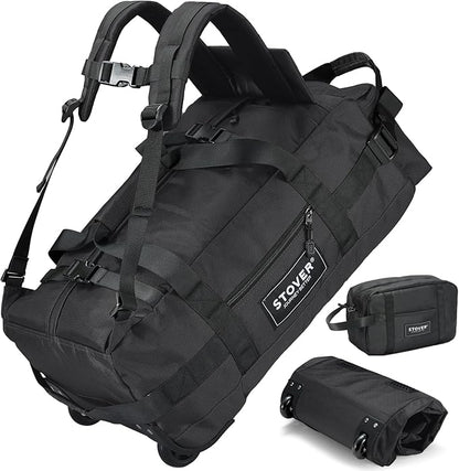 STOVER 45L Carry-On Rolling Duffel Bag with Wheels, Medium Durable Travel Duffle w/Toiletry Bag, Heavy-Duty, Packable, Foldable with Shoulder Straps- Use as Luggage or Backpack, Men/Women (Black)