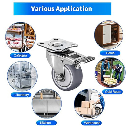 2 Inch Stainless Steel Caster Wheels Set of 4, Anti-Rust Swivel Casters with Brake, Silent and Floor-Friendly Thermoplastic Rubber Wheels for Furnitures,Labs,Hospitals,Restaurants