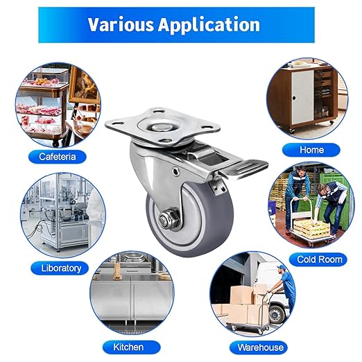 Stainless Steel Caster Wheels 2 Inch Set of 4, Anti-Rust 360° Swivel Casters, Silent and Non-Marks Thermoplastic Rubber Wheels for Furnitures,Labs,Hospitals,Restaurants