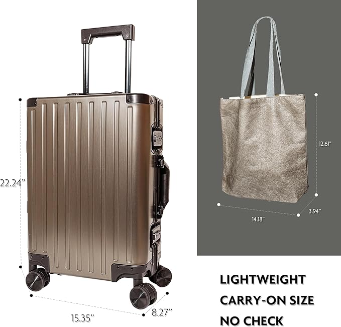 All Aluminum Carry On Luggage 22x14x9 Airline Approved Hard Shell Carry On Luggage Zipperless Luggage Metal 20inch Suitcase Luggage, Champagne Gold