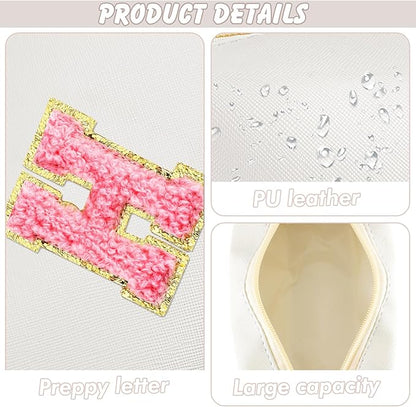 Initial Makeup Bag Personalized Preppy Travel Small Cosmetic Bag Cute PU White Chenille Letter Makeup Pouch for Purse Waterproof Zippered Toiletry Organizer for Women Girls Kids Friends (H)
