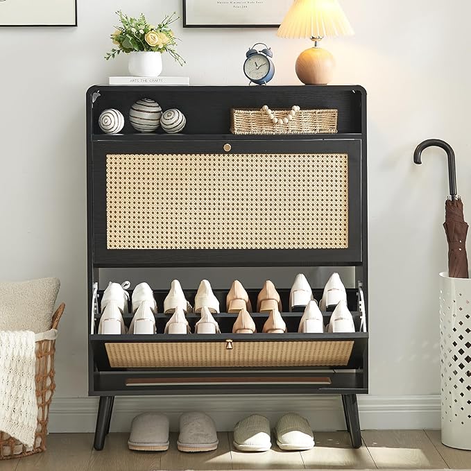 Rattan Shoe Cabinet with 2 Flip Drawers, 16 Pairs Narrow Shoe Storage Cabinet for Entryway Freestanding Hidden Shoe Rack, Modern Slim Wood Shoe Organizer for Hallway, Black