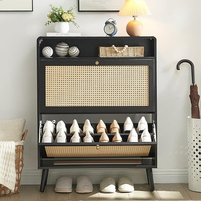 Rattan Shoe Cabinet with 2 Flip Drawers, 16 Pairs Narrow Shoe Storage Cabinet for Entryway Freestanding Hidden Shoe Rack, Modern Slim Wood Shoe Organizer for Hallway, Black