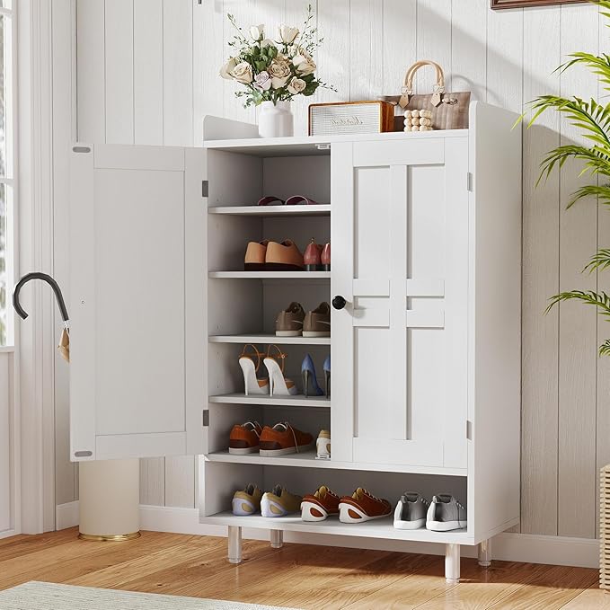 Entrance Shoe Cabinet with Doors,6-Tier Farmhouse Shoe Storage Organizer with Adjustable Shelves Holds 18-26 Pairs and Metal Legs, Entry Organizer Entryway, Living Room (White)