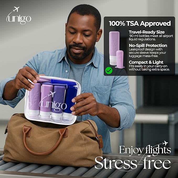 unigo Travel Bottles For Toiletries, 4-pack TSA Approved Containers, Travel Size Toiletries, Shampoo and Conditioner Bottles, Leak Proof and Refillable Bottles, BPA Free, Extra Bottle Covers (Purple)