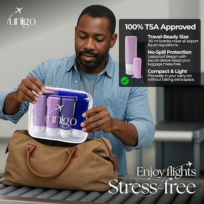 unigo Travel Bottles For Toiletries, 4-pack TSA Approved Containers, Travel Size Toiletries, Shampoo and Conditioner Bottles, Leak Proof and Refillable Bottles, BPA Free, Extra Bottle Covers (Purple)