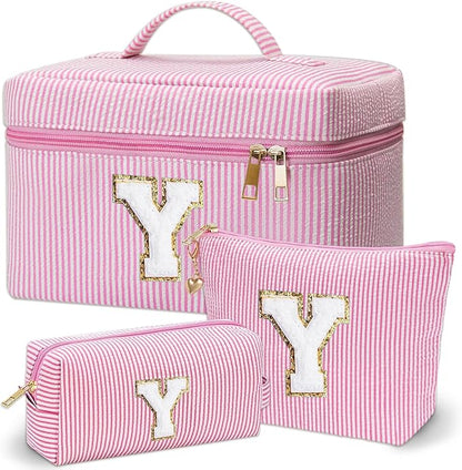 Personalized Monogram Makeup Bag, 3PCS Custom Monogrammed Toiletry Cosmetic Bag for 6-18 Teen Girls Women,Birthday Graduation Gifts Initial Pouch Makeup Bags for Women Girls, Make Up Bag (Y, Pink)