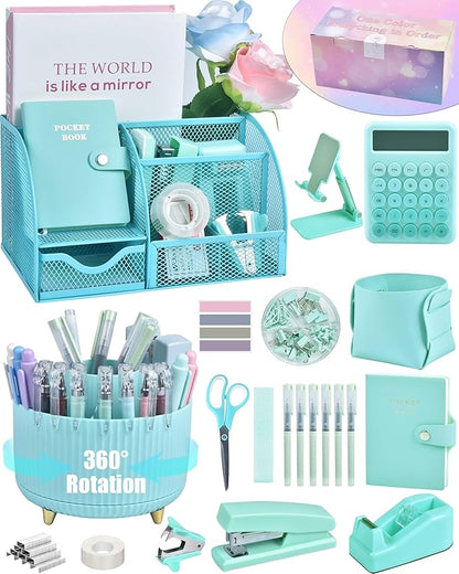 Green and Blue Desk Organizers and Accessories With Mesh Desk Organizer and 360°Rotating Pen Holder and a Lot of Office Green Office Supplies Beautifully Presented in a Gift Box Christmas Gifts