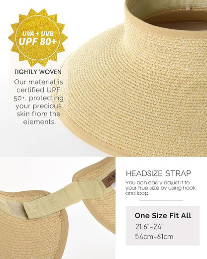 FURTALK Sun Hats for Women Wide Brim Beach Hat Straw Visor Ponytail Summer UV Packable Foldable Beach Vacation Essentials