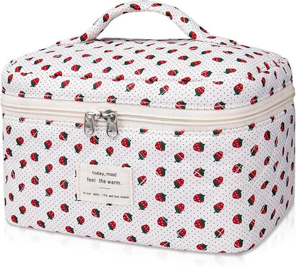 Large Makeup Bag, Cute Cosmetic Bag for Women Girls, Floral Coquette Aesthetic Toiletry Bag, Travel Make Up Organizer Bag (Strawberry)