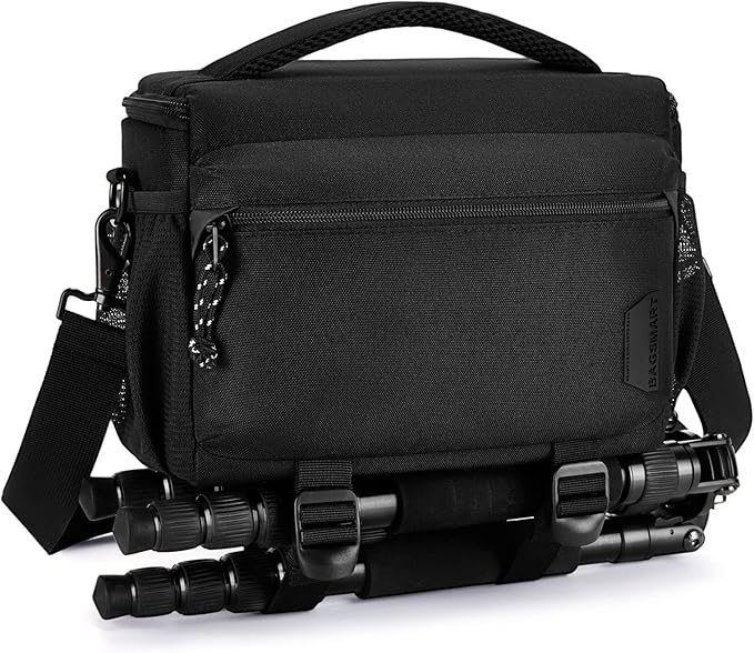 BAGSMART Small Camera Bag for Photographers, Compact Camera Shoulder Bags for DSLR/SLR/Mirrorless Cameras, Waterproof Crossbody Camera Case with Tripod Holder, Black