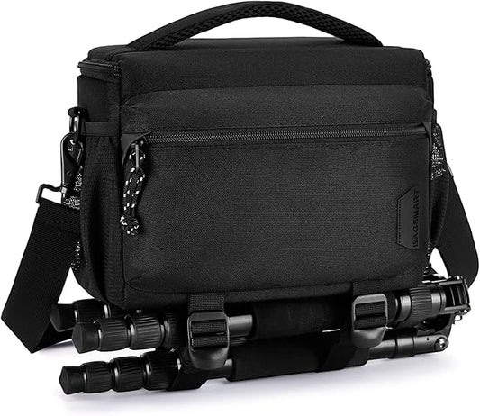 BAGSMART Small Camera Bag for Photographers, Compact Camera Shoulder Bags for DSLR/SLR/Mirrorless Cameras, Waterproof Crossbody Camera Case with Tripod Holder, Black