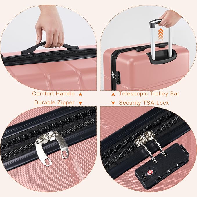 Sweetcrispy Carry on Luggage, Hard Shell ABS Suitcase with Double Spinner Wheels, Lightweight Expandable Rolling Suit Case with TSA Lock, 24 Inch Light Pink