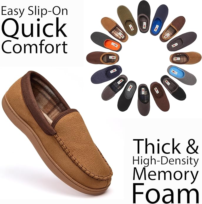 Fruit of the Loom Men’s Memory Foam House Slippers Indoor Outdoor – Microsuede Venetian Cozy Warm Men’s Slippers Plush House Shoes, Sizes 7-14