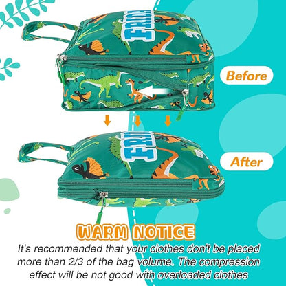 Paterr 7 Pcs Days of Week Packing Cubes Compression Packing Cubes for Kids Winter Camp Travel Daily Outfit Suitcase Organizers Zippered Storage Bag for Cruise Vacation Essentials(Dinosaur)