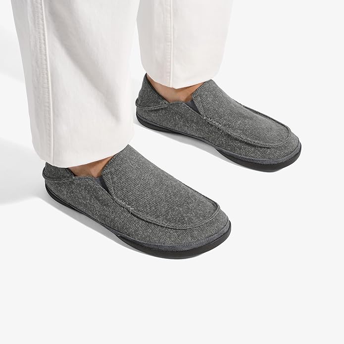OLUKAI Moloa Hulu Men's Wool-Blend Slippers, Soft & Heathered Knit Slip On Shoes, Suede Leather Foxing, Drop-In Heel Design