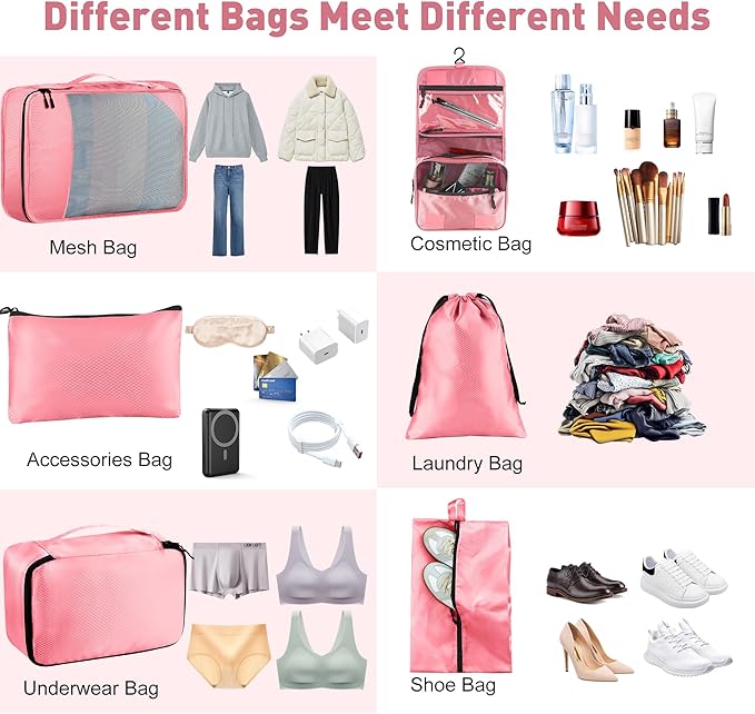 Packing Cubes for Travel, 8-Piece Mesh Holographic Stripe Mesh Luggage Organizers with Shoe Bag, Toiletry Bag, Laundry Pouches, 4-Sizes set for Suitcase Organization, Men Women Kids, Pink
