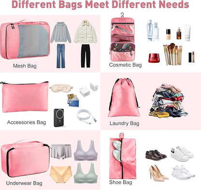 Packing Cubes for Travel, 8-Piece Mesh Holographic Stripe Mesh Luggage Organizers with Shoe Bag, Toiletry Bag, Laundry Pouches, 4-Sizes set for Suitcase Organization, Men Women Kids, Pink