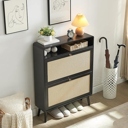 Rattan Shoe Cabinet with 2 Flip Drawers, 16 Pairs Narrow Shoe Storage Cabinet for Entryway Freestanding Hidden Shoe Rack, Modern Slim Wood Shoe Organizer for Hallway, Black