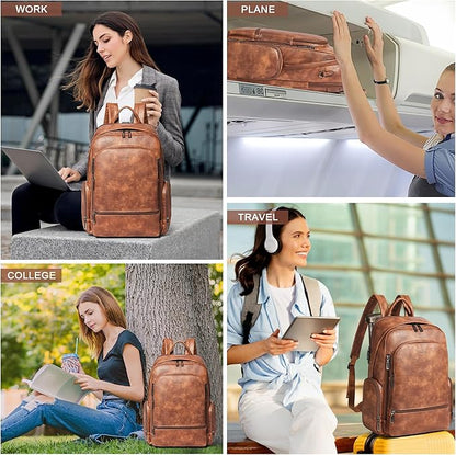 Leather Backpack for Women, Fits 15.6 Inch Laptop, Soft Vegan Leather Backpack for Travel and Daily Use, Brown