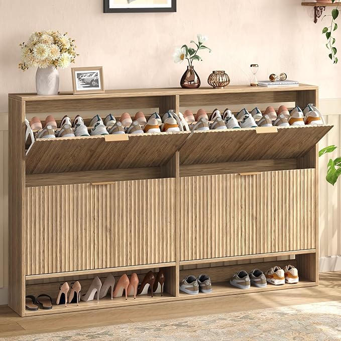 47.2''W Oak Shoe Storage Cabinet for Entryway with 4 Flip Drawers, Narrow Wood Fluted Shoe Rack Cabinet,Freestanding Slim Shoe Organizer Cabinet for Foyer, Hallway