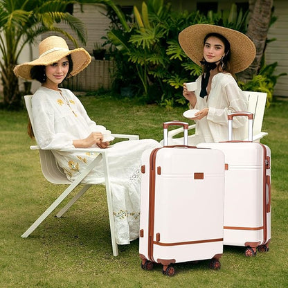 Krute Checked Luggage 24 inch Suitcases with Wheels TSA Approved PC+ABS Lightweight Hard Side Suitcase (WhiteBrown)