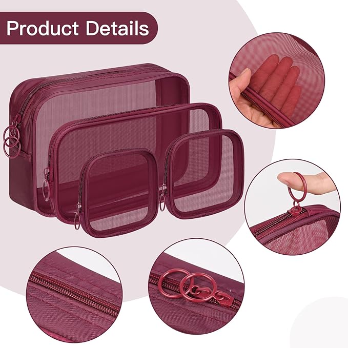 8 Pcs Mesh Makeup Bag Nylon Zipper Pouch Clear Small Mesh Bags Travel Toiletry Bag Makeup Brush Holder Purse Organizer Pouches (Wine Red, Small, Large, Medium)