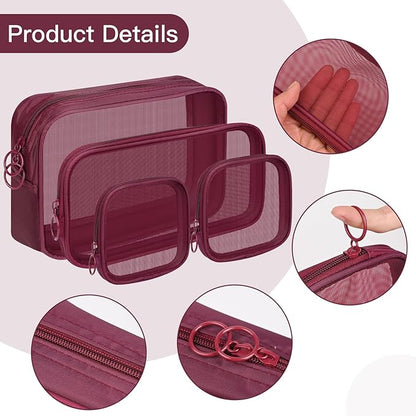 8 Pcs Mesh Makeup Bag Nylon Zipper Pouch Clear Small Mesh Bags Travel Toiletry Bag Makeup Brush Holder Purse Organizer Pouches (Wine Red, Small, Large, Medium)