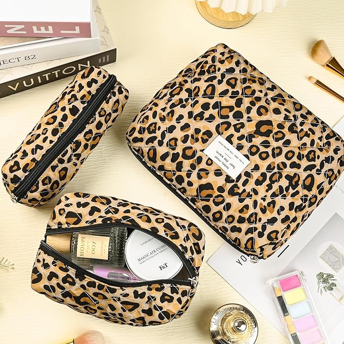 Quilted Makeup Bag Set,3 Pcs Puffy Cosmetic Bags Aesthetic Make Up Bags,Small Zipper Pouch,Travel Toiletry Bag Purse Organizer Pouches for Women (Leopard-Print)