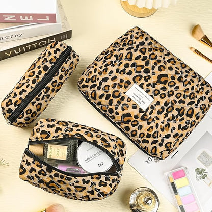 Quilted Makeup Bag Set,3 Pcs Puffy Cosmetic Bags Aesthetic Make Up Bags,Small Zipper Pouch,Travel Toiletry Bag Purse Organizer Pouches for Women (Leopard-Print)