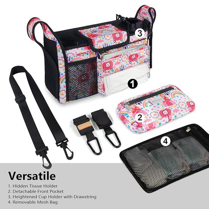 TOPDesign Universal Baby Stroller Organizer, Stroller Caddy with Detachable Mesh Bag & Heightened Insulated Cup Holders & Non-Slip Secure Hooks Accessories, Fits Most Strollers (Pumpkin Princess)