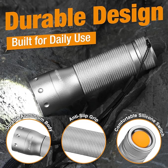 EverBrite Mini Flashlight, Zoomable LED Flash Light, 3 Modes, 3AAA Batteries Included, Handheld Small Flashlight for Camping, Emergency, Home, Christmas Gifts – Grey