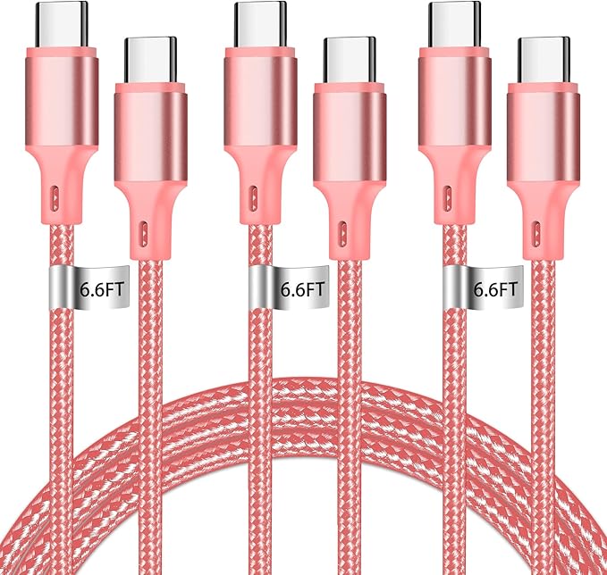 cugunu USB C to USB C Charger Cable, Nylon Braided 3Pack 60W 6.6FT Type C Fast Charging Cord Compatible for iPhone 15/16/17/Pro/Max/Plus, iPad, Air5, MacBook, Samsung, Google-Pink
