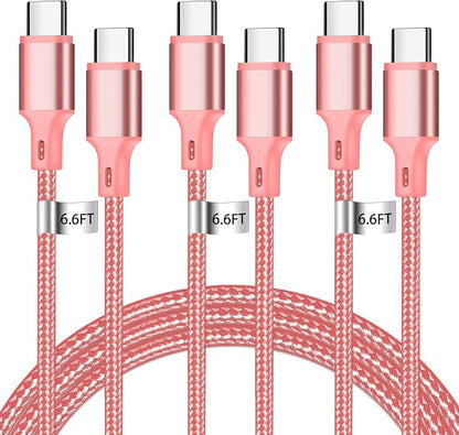 cugunu USB C to USB C Charger Cable, Nylon Braided 3Pack 60W 6.6FT Type C Fast Charging Cord Compatible for iPhone 15/16/17/Pro/Max/Plus, iPad, Air5, MacBook, Samsung, Google-Pink