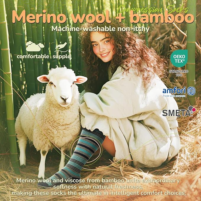 Merino Wool Compression Socks for Women Men, 15-20 mmHg Knee High Socks for Flying, Travel, Running