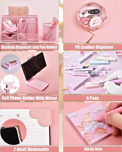Pink Desk Accessories, 24Pcs Pink Office Supplies and Desk Organizers, with Tape Dispenser, Stapler, Staple Remover, Ect, Christmas Gifts
