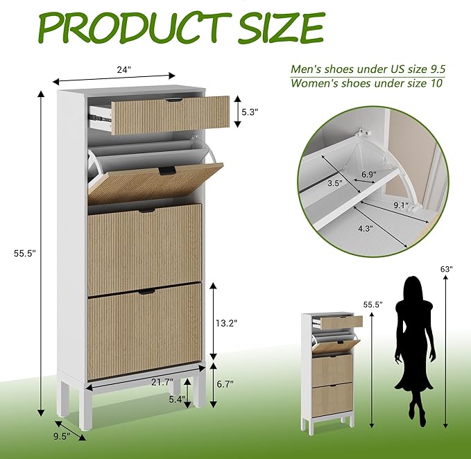 GAOMON Shoe Cabinet with 3 Flip Drawers, Entryway Cabinet with Adjustable Shelves, Accommodate 12 to 18 Pair of Shoes, Space-Saving Slim Shoe Cabinet for Entryway, Hallway, Front Door, White Oak