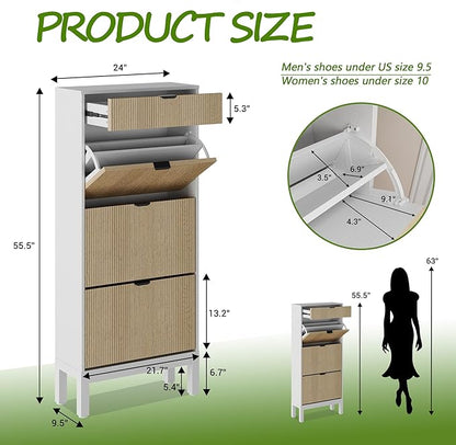 GAOMON Shoe Cabinet with 3 Flip Drawers, Entryway Cabinet with Adjustable Shelves, Accommodate 12 to 18 Pair of Shoes, Space-Saving Slim Shoe Cabinet for Entryway, Hallway, Front Door, White Oak