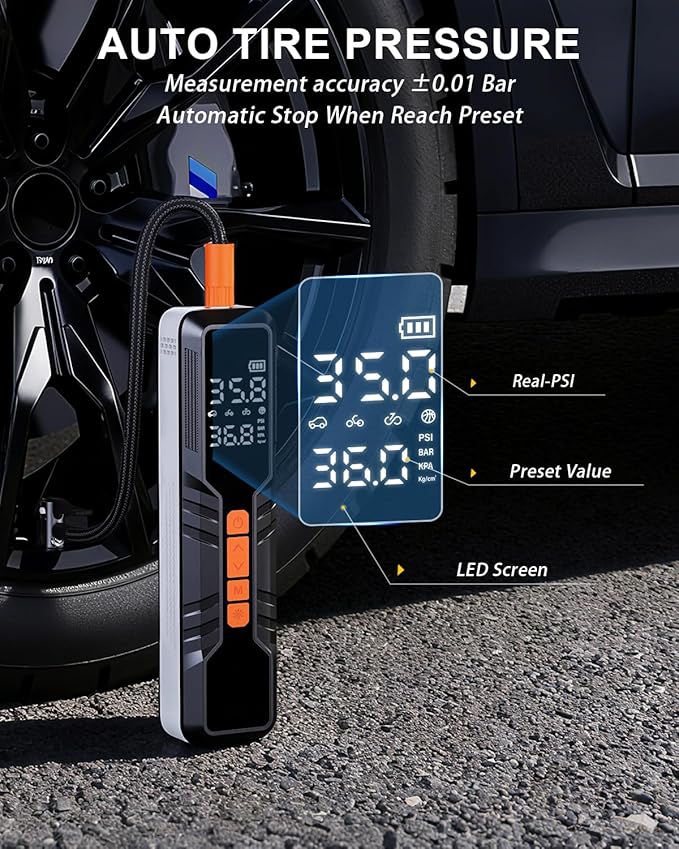 Tire Inflator Portable Air Compressor - 150PSI Cordless Air Pump for Car Tires, Portable Tire Inflator for Car, DC 12V Air Compressor with Pressure Gauge/LED Light for Auto/Bike/Motorcycle/Ball