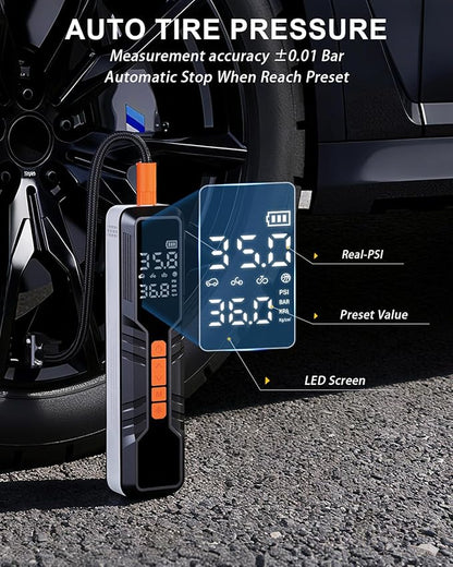 Tire Inflator Portable Air Compressor - 150PSI Cordless Air Pump for Car Tires, Portable Tire Inflator for Car, DC 12V Air Compressor with Pressure Gauge/LED Light for Auto/Bike/Motorcycle/Ball