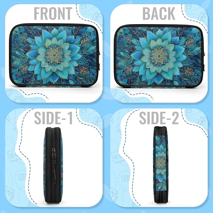 Cable Organizer Teal Mandala Flower Electronics Travel Organizer Case Tech Accessories Pouch Waterproof Cord Storage Bag for Power Bank Charger Phone Earphone