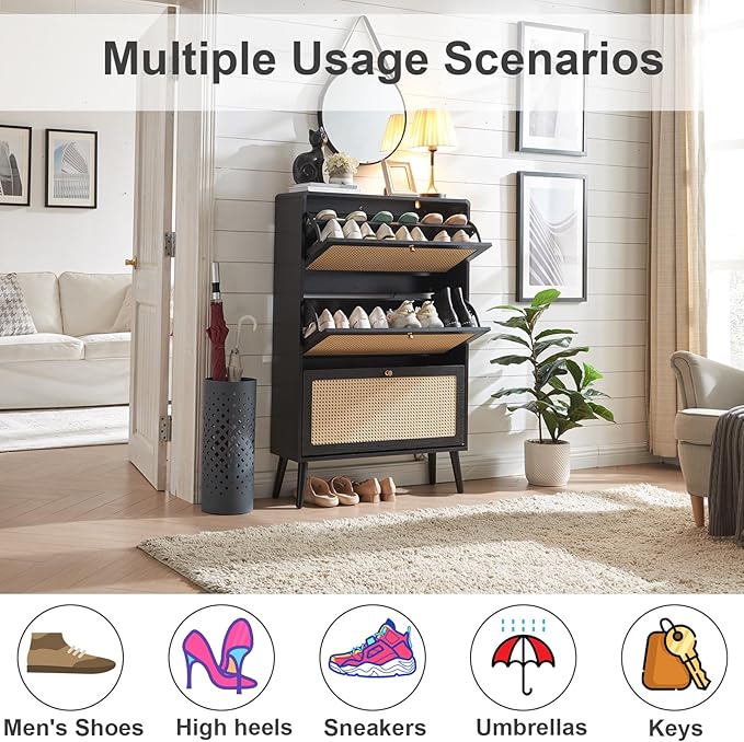 Rattan Shoe Cabinet with 3 Flip Drawers, 48 Pairs Narrow Shoe Storage Cabinet for Entryway Freestanding Hidden Shoe Rack, Modern Slim Wood Shoe Organizer for Hallway, Black