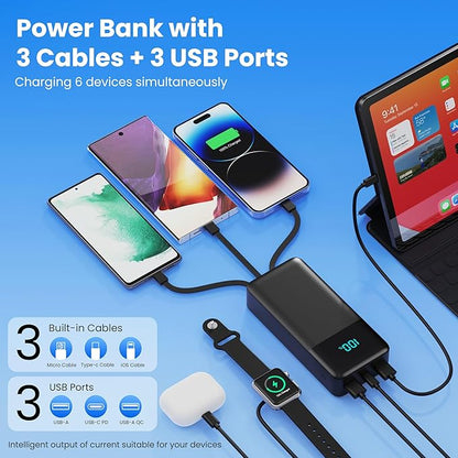Portable Charger 50,800mAh Power Bank, 25W PD QC 4.0 Fast Charging Portable Phone Charger with Built-in Cables,Travel Camping Essential USB C Battery Pack for iPhone 16/15/14/13/12,Android Galaxy etc